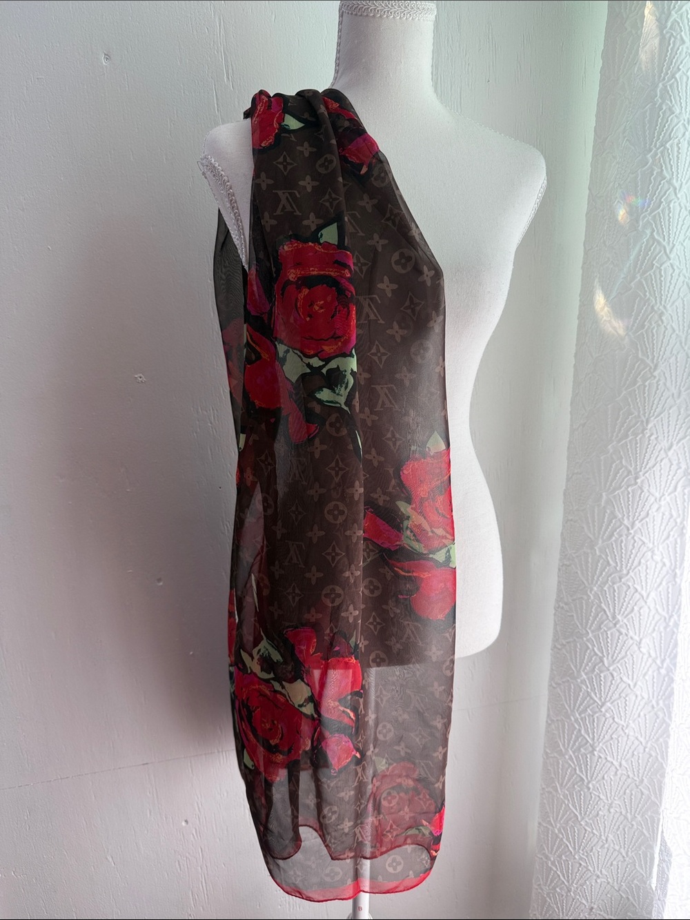 Louis Vuitton Brown Scarf with Red Rose Print